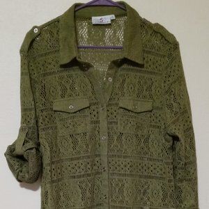 OSO Casuals Olive Crocheted Button-up w/ pockets and tie-up sleeves SZ XL